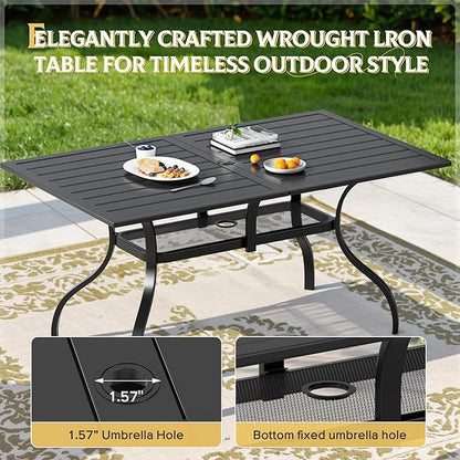 SUNCROWN 60"x37" Black Patio Outdoor Dining Table Metal Steel Slat Rectangular Bistro Table for Porch Deck Garden Backyard Poolside, 1.57" Umbrella Hole