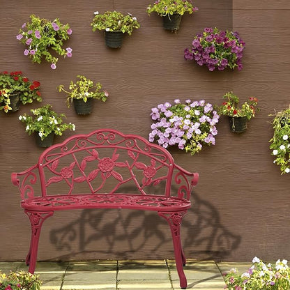 Red 38.5 Inches Outdoor Garden Bench, Cast Aluminum Patio Park Bench with Rose Pattern Backrest, Arch Legs for Porch, Lawn, Yard-Garden Bench, Patio Porch Chair Furniture