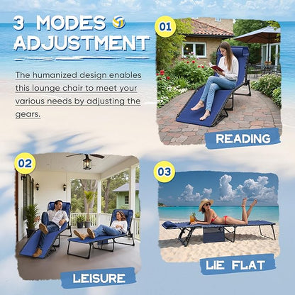 Devoko Lounge Beach Chair for Adults, Outdoor Sun Tanning Chair, Portable Folding Camping Lay Chaise Lounge Chairs for Outside Beach Pool Reading, Sunbathing (1, Blue)