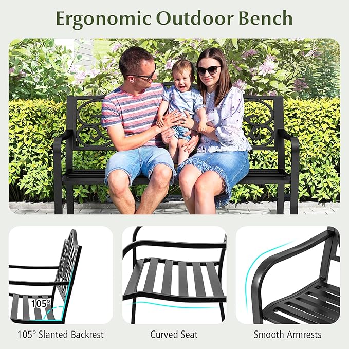 Giantex 50 Inches Outdoor Bench with Floral Pattern, Ergonomic Backrest & Slatted Surface, Metal Frame, 660lbs Capacity, 2-3 People Loveseat, Patio Bench for Park, Garden, Yard, Porch, Outside, Black