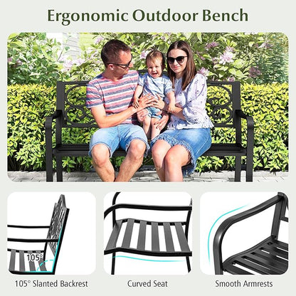 Giantex 50 Inches Outdoor Bench with Floral Pattern, Ergonomic Backrest & Slatted Surface, Metal Frame, 660lbs Capacity, 2-3 People Loveseat, Patio Bench for Park, Garden, Yard, Porch, Outside, Black
