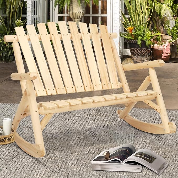HOMEDIARY Outdoor Wood Rocking Bench, 2-Person Rustic Adirondack Log Rocker with Slatted Seat, High Backrest/Armrests, Double Wooden Patio Porch Rocking Loveseat for Garden Backyard Porch, Natural