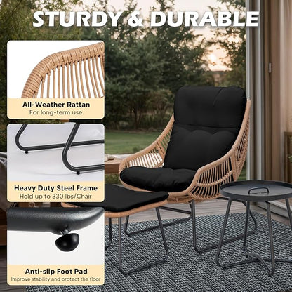 Outdoor Wicker Papasan Egg Chair with Ottoman, Patio Basket Lounge Chair Indoor Egg-Shaped Rattan Reading Lounger with Thick Cushion and Table for Living Room Bedroom Balcony Porch, Black
