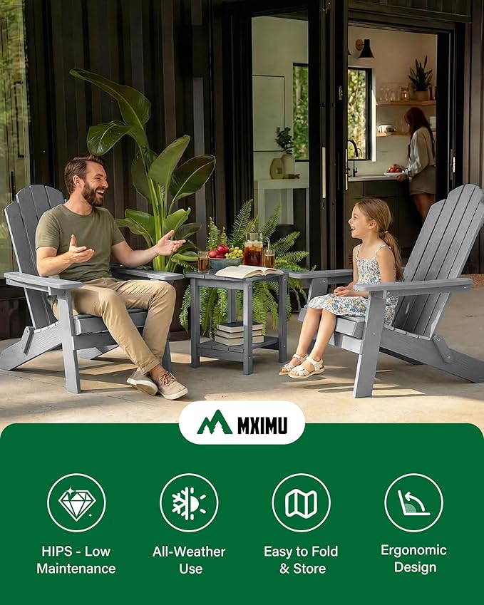 MXIMU Folding Adirondack Chair for Outdoor: Easy to Assemble and Comfortable Adirondack Chairs Set of 8 - All Weather Composite Plastic Chair for Outside Fire Pit Patio Lawn Garden Backyard Use(Grey)