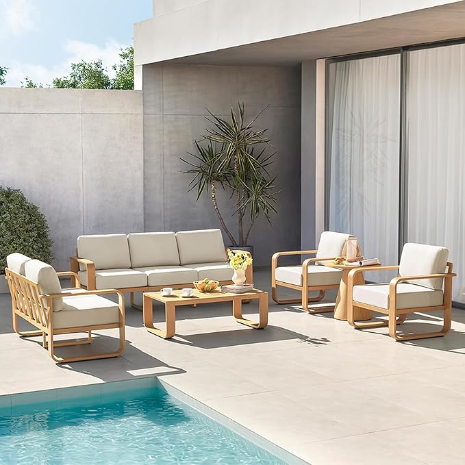 CHITA Outdoor Furniture Set 5 Piece, 7-Seats Patio Conversation Set with 6.3in Thick Cushions & 100% Aluminum Frame & Coffee Table, Modern Outdoor Patio Furniture Sofa Set for Poolside, Deck, Balcony