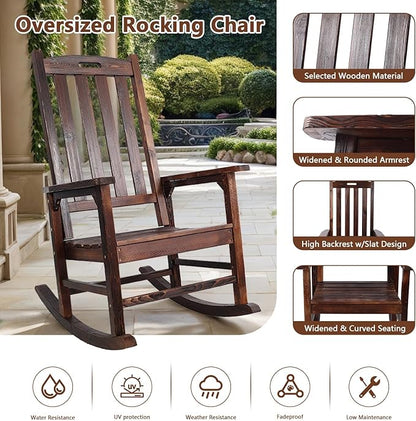 Wooden Oversized Porch Rocker Chair with Wide Seat and Tall Backrest - High Back Smooth Rocking Chairs for Outdoor & Indoor Use, Durable Fir Wood Construction, Easy Assembly (Brown)