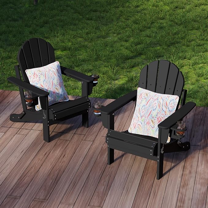 Sundale Outdoor Folding Water & Wind Proof Adirondack Chair with 2 Concealable Cup Holder and 1 Stylish Cushion/Pillow, Perfect for Outside Patio Garden Pool Yard Plastic Classic Black