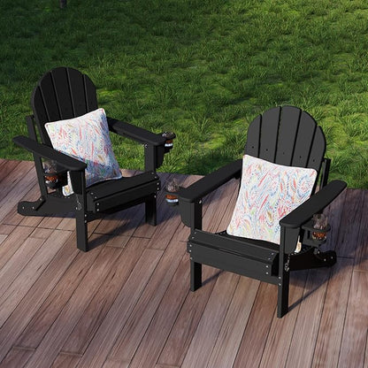 Sundale Outdoor Folding Water & Wind Proof Adirondack Chair with 2 Concealable Cup Holder and 1 Stylish Cushion/Pillow, Perfect for Outside Patio Garden Pool Yard Plastic Classic Black