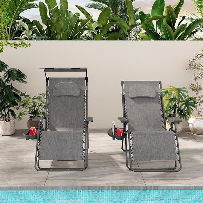 Goplus Zero Gravity Chairs, X-Large Folding Lounge Lawn Chair w/Canopy Shade & Cup Holder - Photo 2
