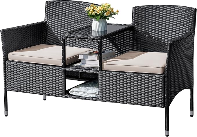 Flamaker Outdoor Furniture Patio Loveseat Wicker 2-Seat with Built-in Table and Cushions Rattan Porch Chairs Bench for - Photo 1