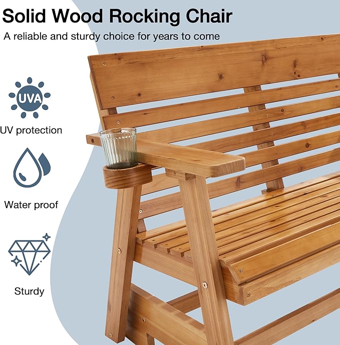 HOMREST Wooden Patio Glider Bench with Cup Holders, Heavy Duty 900LBS Outdoor Loveseat Glider with Ergonomic Deep Contoured Seat and High Roll Back for Garden Porch Balcony (4Ft 2-Seater, Brown)