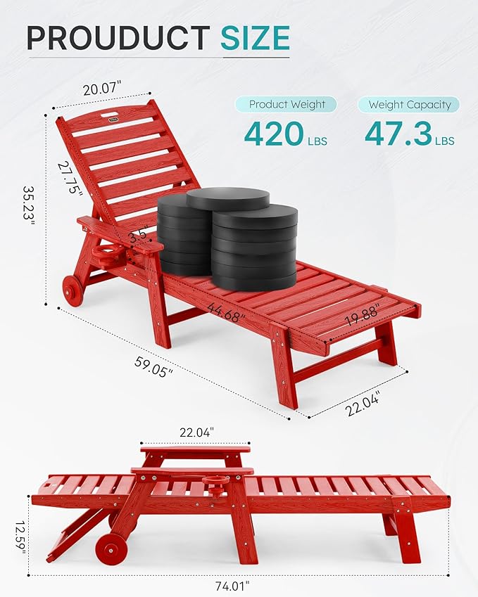 Chaise Lounge Chair Outdoor with Wheels, Oversize Patio Lounge Chairs with Wood Texture, 5-Position Plastic Lounge Chairs Set of 2-Red(Separate Delivery)