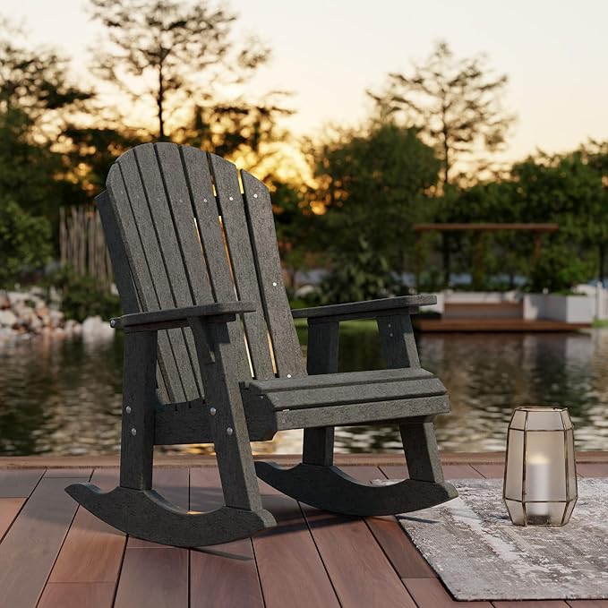 Wildridge Heritage Adirondack Rocking Chair, Dark Gray - Outdoor Weather Resistant HDPE Rocking Chair for Patio, Deck, Fire Pit