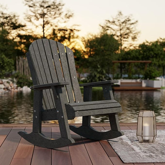 Wildridge Heritage Adirondack Rocking Chair, Dark Gray - Outdoor Weather Resistant HDPE Rocking Chair for Patio, Deck, Fire Pit