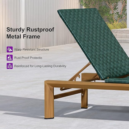 PURPLE LEAF Patio Oversized Chaise Lounge Rattan Chair Set of 2 Outdoor Pool Adjustable Recliner Wicker Chairs for Outside Woven Furniture Tanning Poolside Lounger Forest Green
