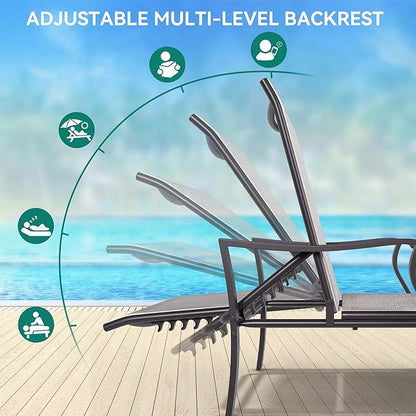 YITAHOME Pool Lounge Chair Set of 3, 2 Pieces Chaise Lounges Outdoor with Side Table, Patio Lounger w/5-Position Adjustable Backrest, Armrests, Weather Resistant & Easy to Assemble- Beige
