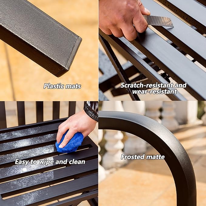 Outdoor Garden Bench with Pullout Table, Metal Park Loveseat Chair with Backrest & Armrests, Cast Iron Steel Frame for Patio, Yard, Porch - Blue Color