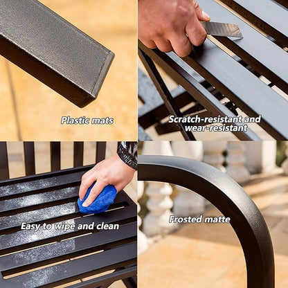 Outdoor Garden Bench with Pullout Table, Metal Park Loveseat Chair with Backrest & Armrests, Cast Iron Steel Frame for Patio, Yard, Porch - Blue Color