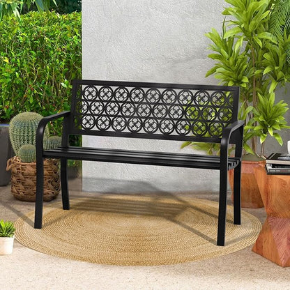 Outdoor Bench Garden Bench Patio Bench,Weatherproof Anti-Rust Metal Powder Coated Frame Park Bench,Metal Bench for Yard & Porch & Park (Wreath)