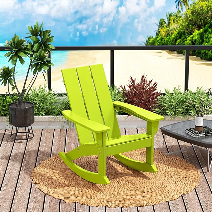 Costaelm Outdoor Adirondack Chair, All Weather Resistant Lawn Chairs Balcony Chair and Fire Pit Chairs, Patio Chair Outdoor Porch Rocking Chair High Back HDPE Poly Lumber, Lime