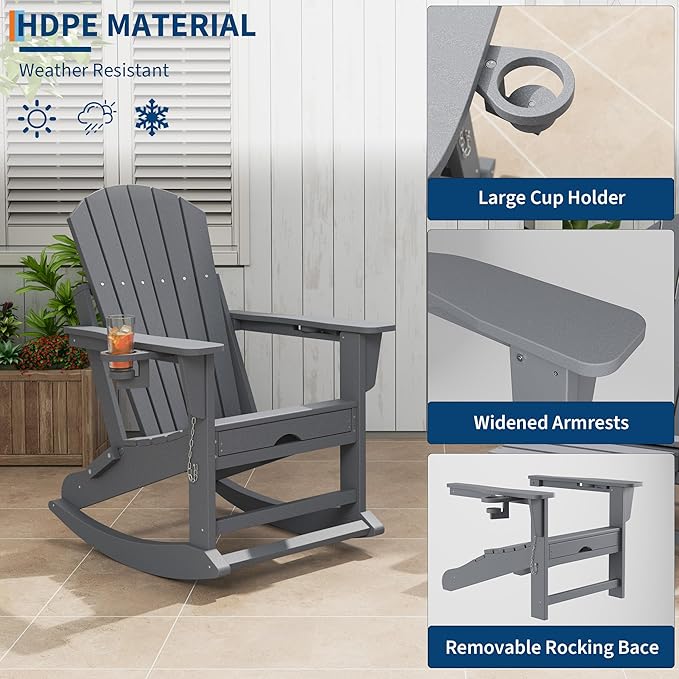GarveeLife Adirondack Outdoor Rocking Chairs for Porch, Folding Adirondack Rocker Chair With Two Cup Holders, HDPE All Weather Outdoor Adirondacks Rocking Chair