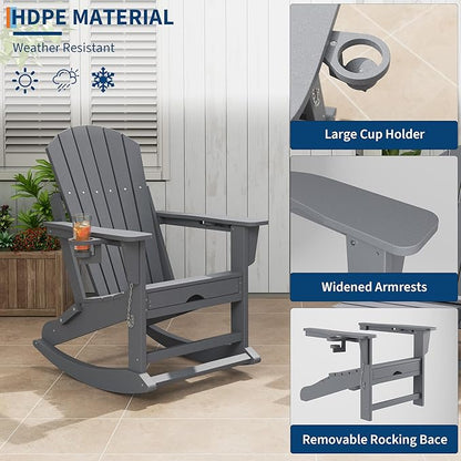 PeakPursuit Adirondack Outdoor Rocking Chairs with Two Cup Holders, HDPE All Weather Outdoor Adirondacks Rocking Chair with Retractable Ottoman