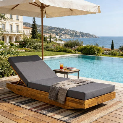 Acacia Wood Chaise Lounge with Cushion - Teak Finish Outdoor Recliner with Dark Gray 3-Fold Water-Repellent Cushion, 300lbs Capacity