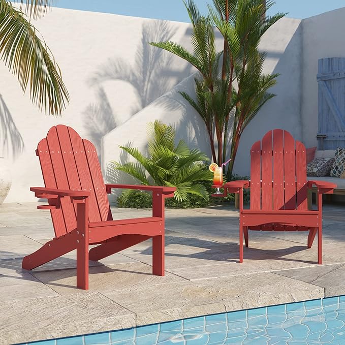 LUE BONA HDPS Adirondack Chairs, 1 Chair, Long-Lasting All-Season Outdoor Patio, Hidden Cup Holder, 350 LBS, Red - Photo 2