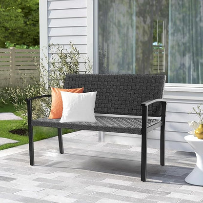 Chelsea Olive Patio Loveseat All-Weather Rope Outdoor Bench with Metal Armrest, Patio Outdoor Furniture Ideal Garden Bench for Balcony, Lawn, Backyard and Deck (Grey)