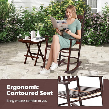 Giantex Outdoor Rocking Chair Set of 2, All Weather Patio Rocker w/Solid Rocking Base & High-Back, Slatted Seat & Back, Acacia Wood Porch Rocker, Wooden Patio Rocking Chair for Backyard, Brown