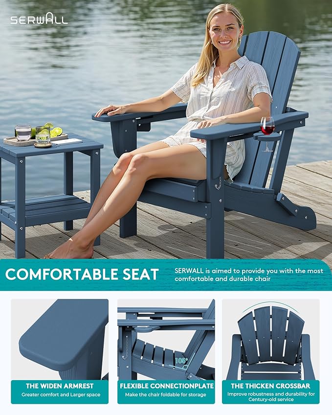 SERWALL Folding Adirondack Chair, Dual Cup Holders & All-Weather HDPE, Wood-Like Patio Chair-Navy