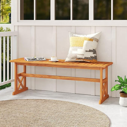 HAPPYGRILL Acacia Wood Outdoor Bench for 2-3 People, Patio Bench with Slatted Seat & X-Shaped Frame, for Porch Garden Backyard and Park (2)
