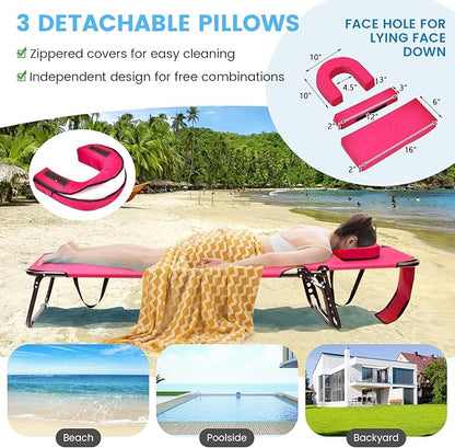 GYMAX Tanning Chair, 330lbs Beach Lounge Chair with Face Hole, Detachable Washable Pillow & Carry Strap, Adjustable Folding Chaise Lounge, Layout Chair for Outside, Patio, Poolside, Lawn (2, Pink)