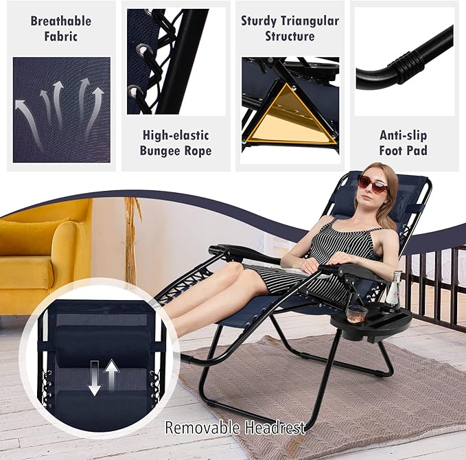 Tangkula Set of 2 Zero Gravity Chair, Folding Patio Lounge Chair Adjustable Outdoor Recliner with Cup Holder - Photo 6