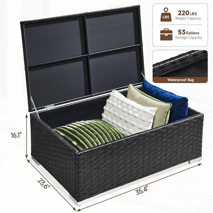 ONBRILL Outdoor Coffee Table with Storage, Rattan Storage Coffee Table with Internal Waterproof Bag, Low Side Table for Patio, Porch, Backyard, Poolside - Black