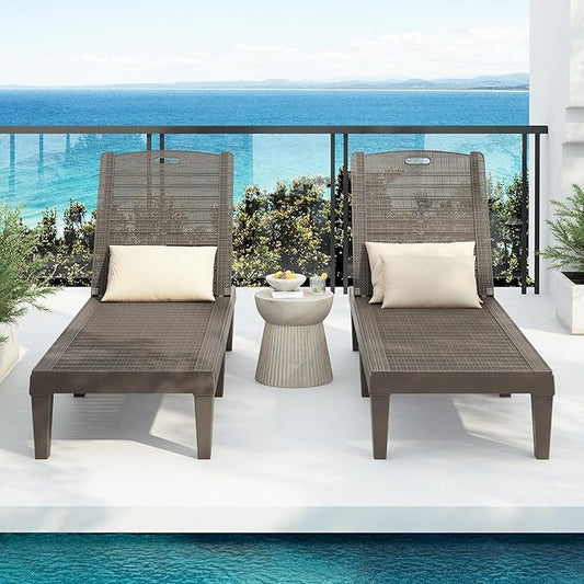 Outdoor Chaise Lounge Chair Set of 2 for Poolside Patio, Waterproof Sun Loungers with Adjustable Backrest for Garden Pool Beach Patio Deck Sunbathing, Light Brown