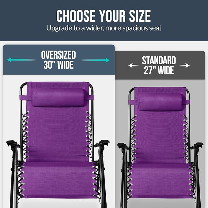 Best Choice Products Set of 2 Extra Wide Adjustable Steel Mesh Zero Gravity Lounge Chair Recliners w/Pillows and Cup Holder Trays - Amethyst Purple