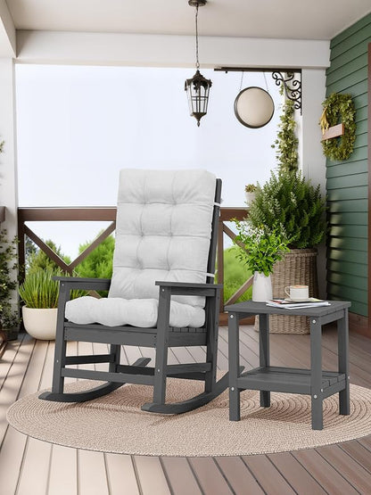 KINGYES Oversized Outdoor Rocking Chair with Cushion, All-Weather Patio Rocking Chairs, HDPE Porch Rocker for Adults, 350 lbs Capacity, Grey Chair with Grey Cushion