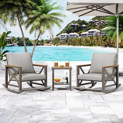Rocking Bistro Set, 3-Piece Patio Conversation Set, Galvanized Frame Patio Rocking Chairs Set of 2 with Coffee Table and Thickened All-Weather Cushion(Grey)
