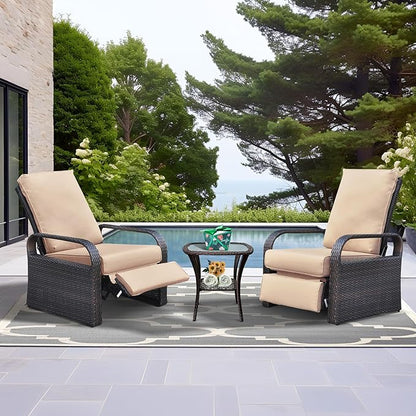 ATR ART TO REAL Outdoor Recliner, Set of 2 Wicker Reclining Chair with Coffee End Side Table, Aluminum Frame Patio Chaise Lounge Chairs with Thicken Cushions (Khaki)