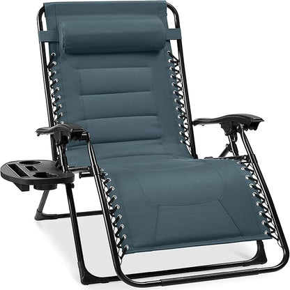 Best Choice Products Oversized Padded Zero Gravity Chair, Folding Outdoor Patio Recliner, XL Anti Gravity Lounger for Backyard w/Headrest, Cup Holder, Side Tray, Polyester Mesh - Slate Blue