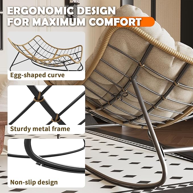 Outdoor Rocking Chair, 2 PCS Indoor Papasan Chairs, Oversized Egg Rocking Chair with Thick Cushion, Rattan Wicker Rocker Lounge Chair for Bedroom, Living Room, Patio, Garden, Porch (Beige)