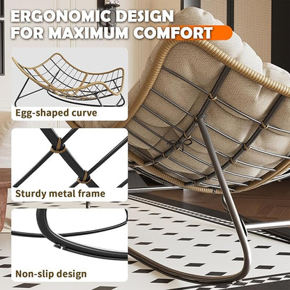 Outdoor Rocking Chair, Indoor Papasan Chair, Oversized Egg Rocking Chair with Thick Cushion, Rattan Wicker Rocker Lounge Chair for Bedroom, Living Room, Patio, Garden, Porch (Beige)