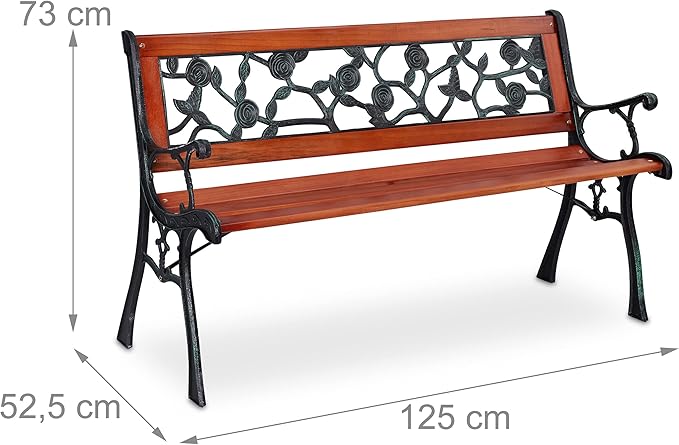 Relaxdays Garden Bench, Rose Pattern, 2 Seater, Wood & Cast Iron, Balcony & Patio, Bench, 73 x 125 x 52.5 cm, Natural/Green