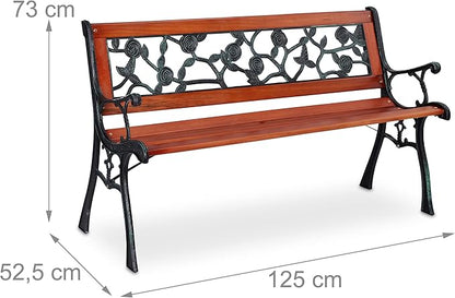 Relaxdays Garden Bench, Rose Pattern, 2 Seater, Wood & Cast Iron, Balcony & Patio, Bench, 73 x 125 x 52.5 cm, Natural/Green
