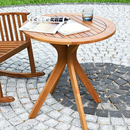 Tangkula 27.5 Inch Eucalyptus Wood Outdoor Patio Bistro Table, Round Wooden Table w/X Base, Coffee Side Bistro Table for Garden, Backyard, Patio, Living Room (Teak)