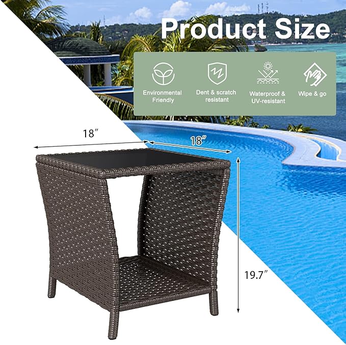kinbor Outdoor Wicker Side Table - Tempered Glass Top Small Outdoor Table with Storage Shelf for Patio, Balcony & Porch - Photo 2