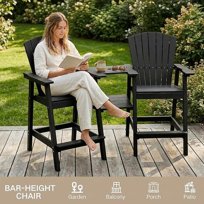 Kingdura Tall Adirondack Chairs Set of 2 with Removable Connecting Tray & 2" Umbrella Hole, Weather-Resistant HDPE Bar Height Outdoor Chairs, Wood-Look Balcony Bar Stools for Patio, Deck (Black)