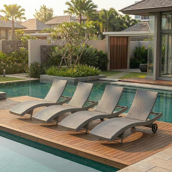 Wicker Outdoor Lounge Chairs with Rolling Wheels, Pool Lounge Chairs Set of 4, Rattan Outdoor Lounger with Pull Out Side Table, Adjustable Backrest Patio Chaise Lounges, Gray
