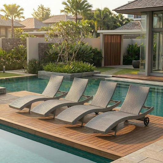 Wicker Outdoor Lounge Chairs with Rolling Wheels, Pool Lounge Chairs Set of 4, Rattan Outdoor Lounger with Pull Out Side Table, Adjustable Backrest Patio Chaise Lounges, Gray